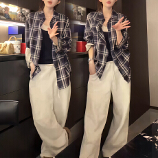 批发官图 <b class='q'>韩版</b>格纹时尚衬衫春秋时尚洋气宽松气质小众衬衣不撞款上衣