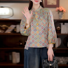 批发官图 新中式国风衬衫春秋新款盘扣斜襟宋锦印花百搭衬衣减龄唐装