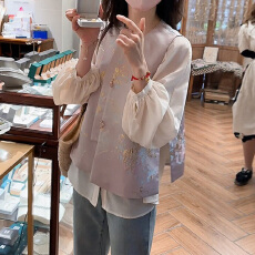 批发官图 2026春秋复古灯笼袖衬衫时尚显瘦长袖圆领<b class='q'>百搭</b>优雅刺绣马甲