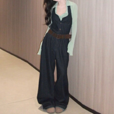 批发官图 穿搭一整套衬衫上衣牛仔<b class='q'>背带裤</b>时尚套装春秋款巨好看两件套