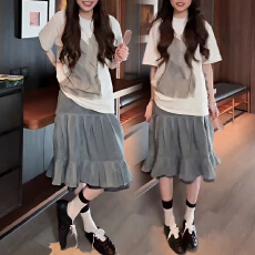 批发官图 绝美夏季穿搭套装女印花宽松T恤+高腰显瘦网纱半身裙两件套