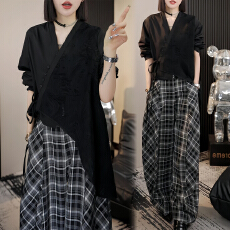 批发官图 今年流行新款春秋设计气质小众V领宽松不对称下摆休闲<b class='q'>裤</b>套<b class='q'>装</b>