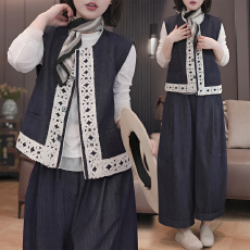 批发官图 独特好看<b class='q'>蕾丝</b>拼接马甲时尚套装春秋新款打底衫阔腿裤三件套