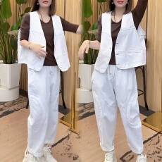 批发官图 休闲潮牌<b class='q'>套装</b>女2026春秋季打底衫明线马甲外套<b class='q'>哈伦裤</b>三件套