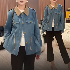 批发官图 <b class='q'>韩版</b>复古风翻领抽绳牛仔外套春秋新款宽松百搭收腰夹克上衣
