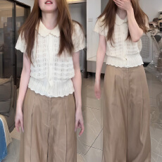 批发官图 韩系甜美风麻花针织衫短袖2026夏新款上衣撞色织带长<b class='q'>裤</b>套装