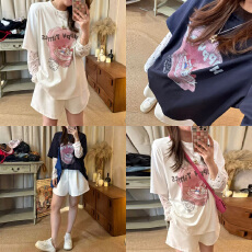 批发官图 夏季小众宽松chic慵懒风宽松Kitty猫咪印花上衣简约短<b class='q'>裤</b>套装