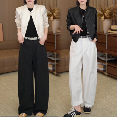 批发官图 气质一整套ootd穿搭2026超火简约皮衣短外套高腰阔腿裤套装