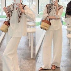 批发官图 通勤<b class='q'>复古</b>港风气质套装春秋款宽松百搭衬衫直筒休闲裤两件套