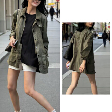 批发官图 韩系简约复古绿长袖衬衫女春秋新款慵懒风宽松休闲减龄上衣