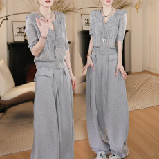 批发官图 老钱风灰色气质镂空针织衫2026新款修身上衣简约复古休闲裤