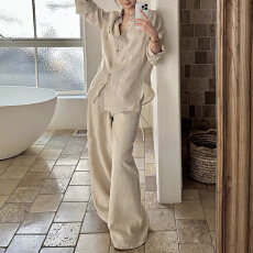 批发官图 老钱风衬衫套装春秋新款复古气质高级感防晒衣休闲裤两件套