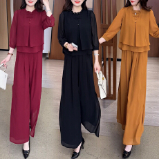 批发官图 新中式优雅气质套装春秋季新款时尚假两件上衣阔腿裤两件套