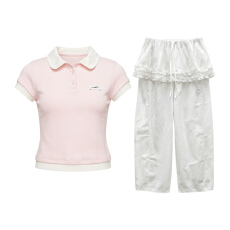 批发官图 韩系时尚套装2026夏季新款假两件短<b class='q'>T</b><b class='q'>恤</b>花边屁帘阔腿裤<b class='q'>两件</b>套