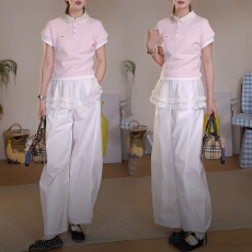 批发官图 超火套装2026新款翻领修身<b class='q'>t</b><b class='q'>恤</b>假两件花边屁帘裤子漂亮两件套