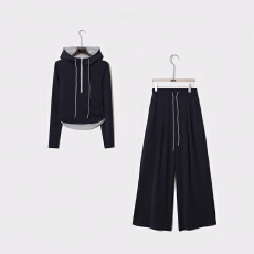 批发官图 时尚感穿搭一整套假两件连帽拉链长袖上衣高腰休闲<b class='q'>裤</b>两件套