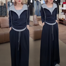 批发官图 假两件时尚套装春秋新款拼接连帽休闲撞色卫衣阔腿<b class='q'>裤</b><b class='q'>两件套</b>