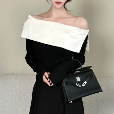 批发官图 2026春秋款一字肩黑白撞色高级感斜肩上衣垂感阔腿裤两件套