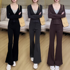 批发官图 春秋穿搭套装2026韩系休闲穿搭显瘦收腰长袖上衣高腰微喇裤