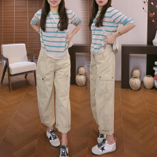 批发官图 韩系复古条纹撞色长袖t恤2026春秋高级感减龄上衣阔腿裤套装