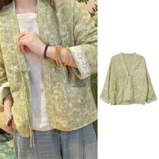 批发官图 新中式V领外套2026春<b class='q'>秋</b>新款巨好看高级袖口刺绣国风漂亮上衣