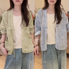 批发官图 复古刺绣提花系带V领长袖外套2026春<b class='q'>秋</b>款超好看中式国风上衣