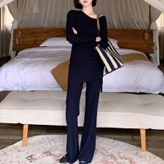 批发官图 斜肩t恤上衣屁帘喇叭裤两件套2026春秋穿搭气质时尚长裤套装