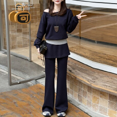 批发官图 2026春秋新款超火ootd韩系穿搭假两件卫衣屁帘微喇裤三件套