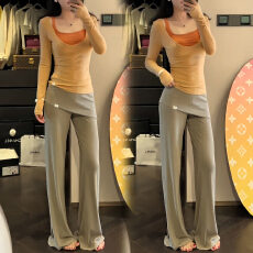 批发官图 独特漂亮一整套春秋季撞色上衣背心屁帘阔腿裤通勤休闲套装