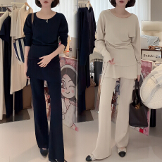 批发官图 春秋搭配一整套2026新款韩系穿搭斜肩上衣屁帘阔腿裤两件套