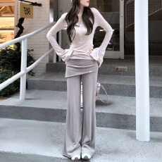 批发官图 2026春秋新款韩系时尚纯欲风修身喇叭袖上衣休闲翻边裤套装