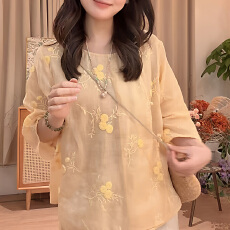 批发官图 2026春秋上新新中式国风刺绣印花复古宽松时尚<b class='q'>中袖</b>圆领<b class='q'>上衣</b>