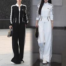 批发官图 韩版时尚潮流休闲套装2026春秋新款气质减龄条纹上衣阔腿裤