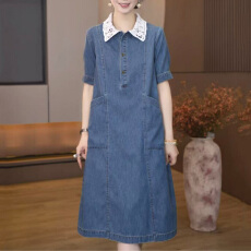 批发官图 高级感气质连衣裙2026<b class='q'>夏季</b>款宽松显瘦翻领中长款蓝色小裙子