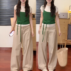 批发官图 淑女风百搭拼接撞色假两件收腰上衣春秋新款阔腿直筒裤套装