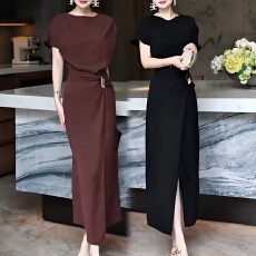 批发官图 2026夏优雅气质修身显瘦<b class='q'>蝙蝠</b>短袖法式前开叉<b class='q'>连衣裙</b>洋气长裙