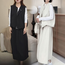 批发官图 慵懒风春秋套装松弛感圆领长袖<b class='q'>T</b><b class='q'>恤</b>上衣马甲<b class='q'>外套</b>半身裙三件套