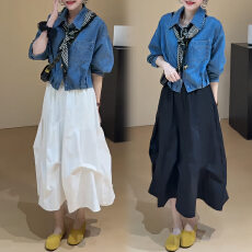批发官图 时尚套装港风翻领牛仔外套高腰A字<b class='q'>半身裙</b>韩系一整套ootd穿搭