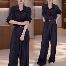 批发官图 巨好看港风蓝色撞色<b class='q'>衬衫</b>高腰长裤两件套女春秋新款时尚穿搭