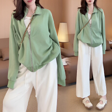 批发官图 茶系穿搭搭配一整套慵懒风拉链<b class='q'>开衫</b>外套高腰休闲裤两件套