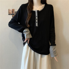 批发实大码时尚假两件打底衫修身长袖T恤内搭上衣高级感<b class='q'>塑</b>形洋气上衣