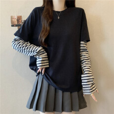 批发实大码时尚假两件打底衫修身长袖T恤内搭上衣高级感<b class='q'>塑</b>形洋气上衣