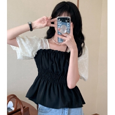 批发实拍大码女装泡泡袖拼接松紧腰衬衣女夏季新款显瘦设计感上衣