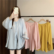 批发实拍大码夏季女超薄款防晒系带清凉长袖套头遮肉显瘦宽松衬衫