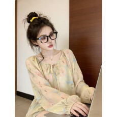 批发实大码抽象风水墨画复古宽松休闲系带时尚印花长袖衬衫女防晒<b class='q'>上衣</b>