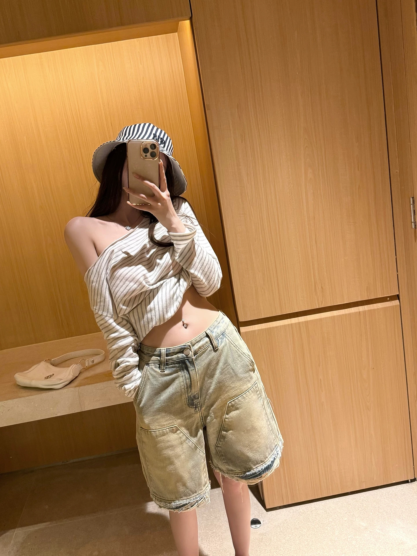 titi 작은 자매 자유 블록 데님 바지 여성 여름 레트로 워싱 루즈핏 넓은 다리 중간 허리 오부 바지