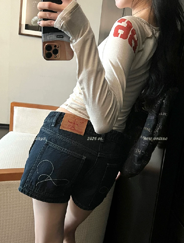 지구 Ouyang 작은 예쁜 허리 사냥꾼 둘째 변경 만화 다리 vtg 핫걸 몸매 가꾸기 레트로 청바지 로우 웨이스트 반바지