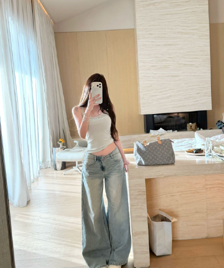 suuuicee 페이 Na 길모퉁이 등 허리 배색 자수 없음 허리 머리 바람 로우 웨이스트 루즈핏 스트레이트 청바지