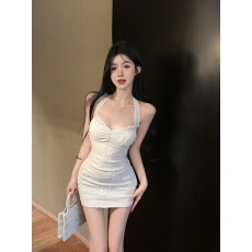 批发实拍实价 法式蕾丝露背蝴蝶结挂脖连衣裙女夏收腰显瘦<b class='q'>包臀</b><b class='q'>短裙</b>