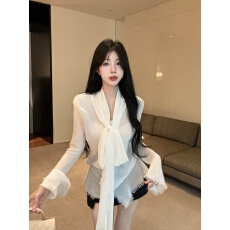 批发实拍实价 <b class='q'>手工</b>撕拉毛边微透视绑带衬衫设计感白衬衣